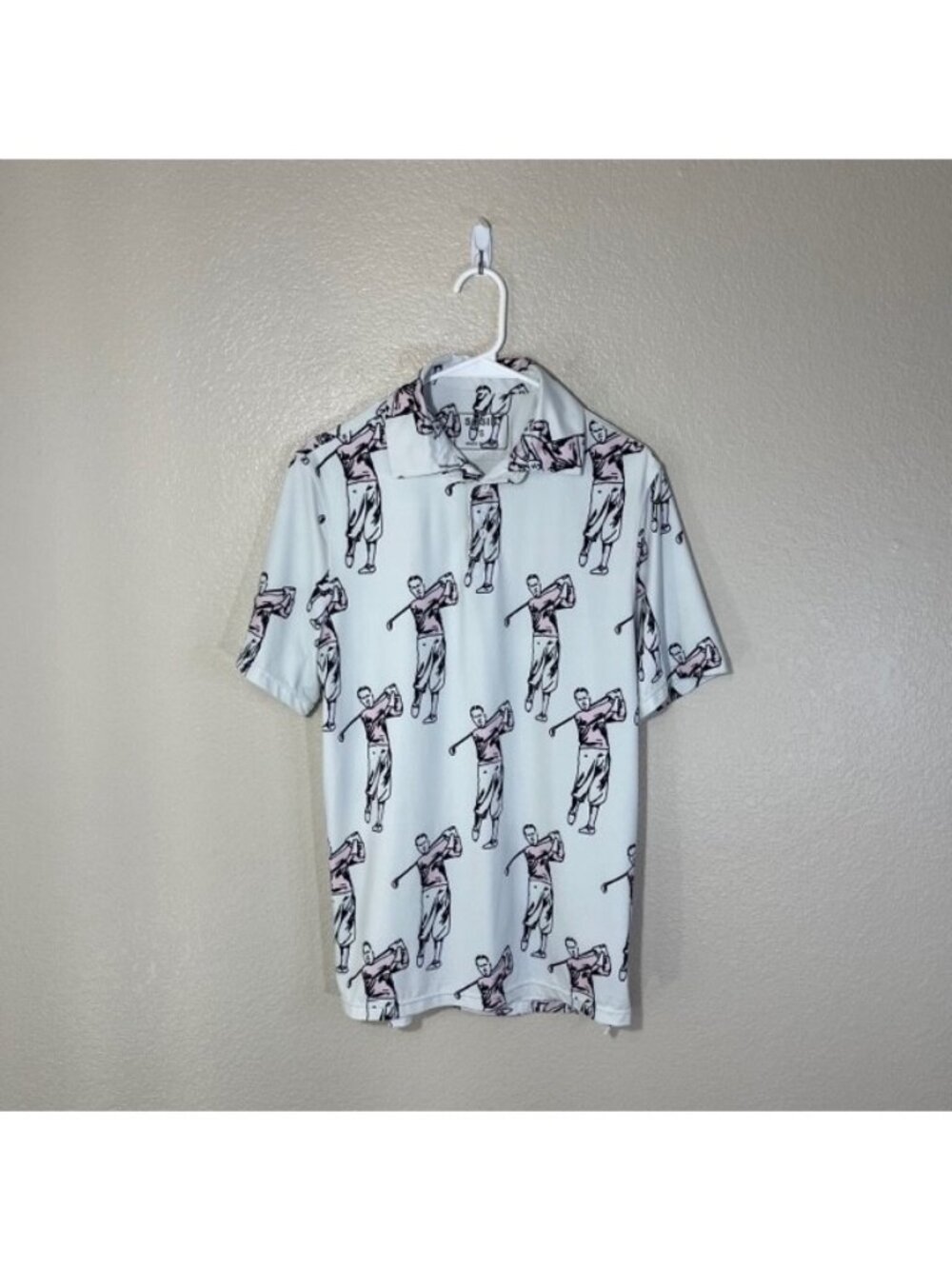SOSIK Golf Polo Mens Small Shirt Golfer Print Athletic Stretch Off White